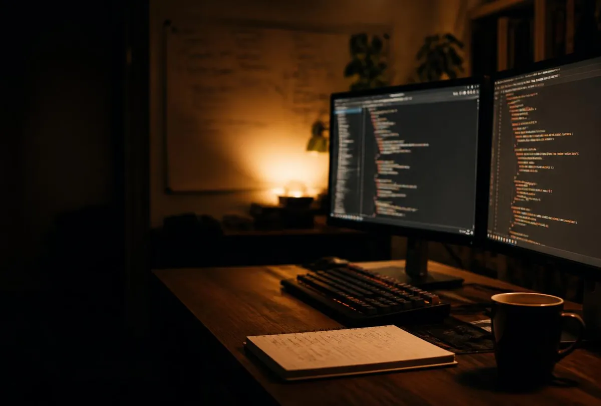 Developer workstation with code on screen in a dimly lit room