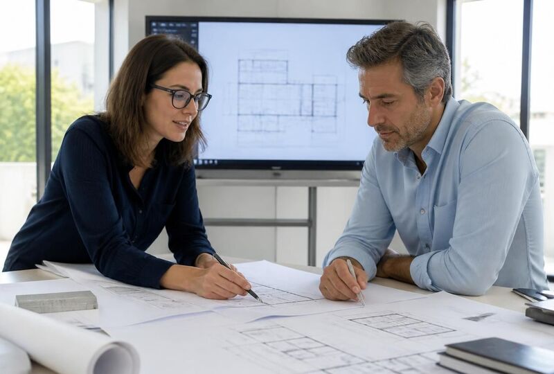 Architect reviewing drawings and a building model